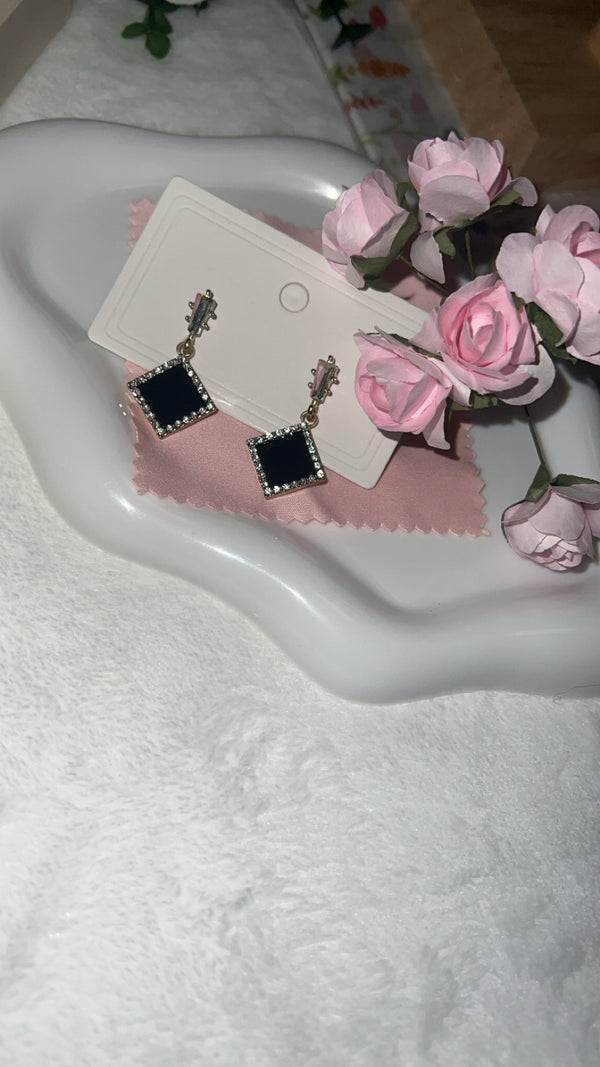 Stylish Black Geometric Square Earrings, Vintage Style, with Cubic Zirconia, Alloy, 925 Finished Silver Posts