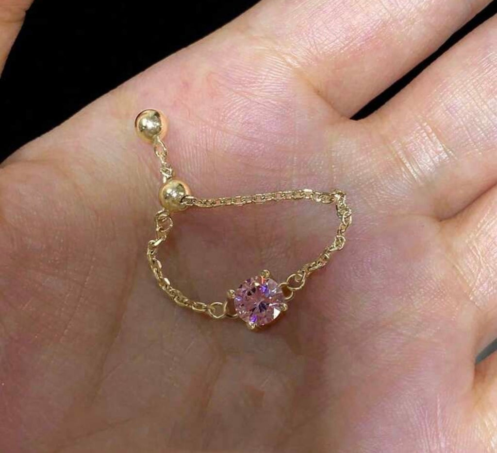 rundraw 1pc Oval Chain Link Adjustable Ring With Embedded Pink Cubic Zirconia