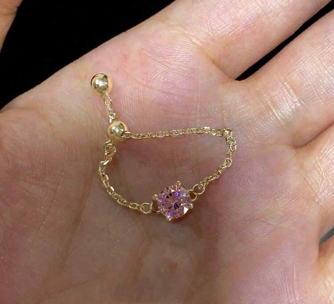 rundraw 1pc Oval Chain Link Adjustable Ring With Embedded Pink Cubic Zirconia