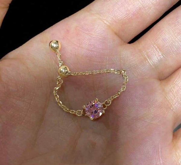 rundraw 1pc Oval Chain Link Adjustable Ring With Embedded Pink Cubic Zirconia