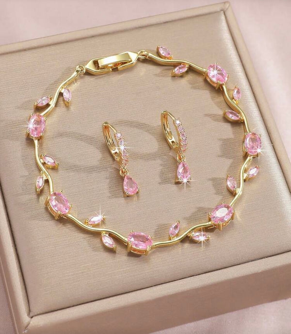 Pink Crystal Luxury Bracelet & Earrings Set